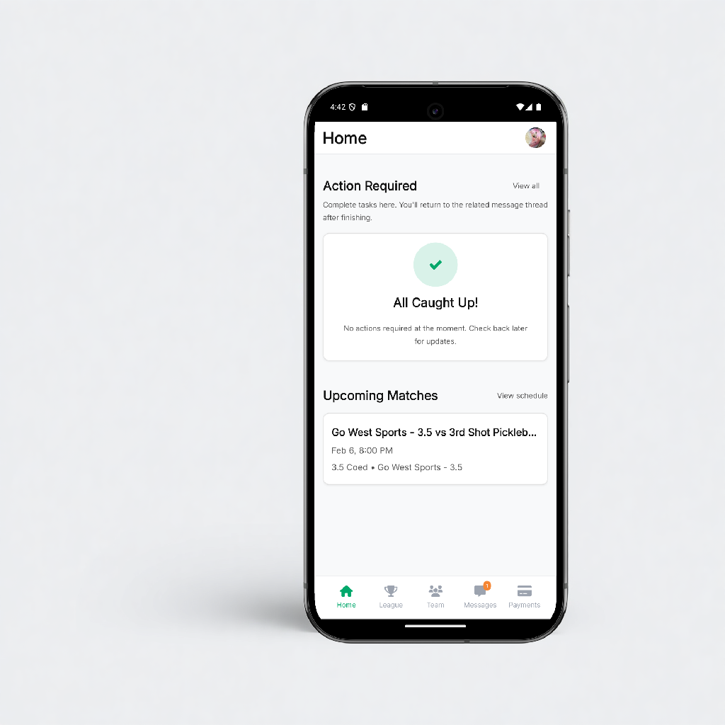 pickleball app home screen showing upcoming matches and team overview, modern mobile interface