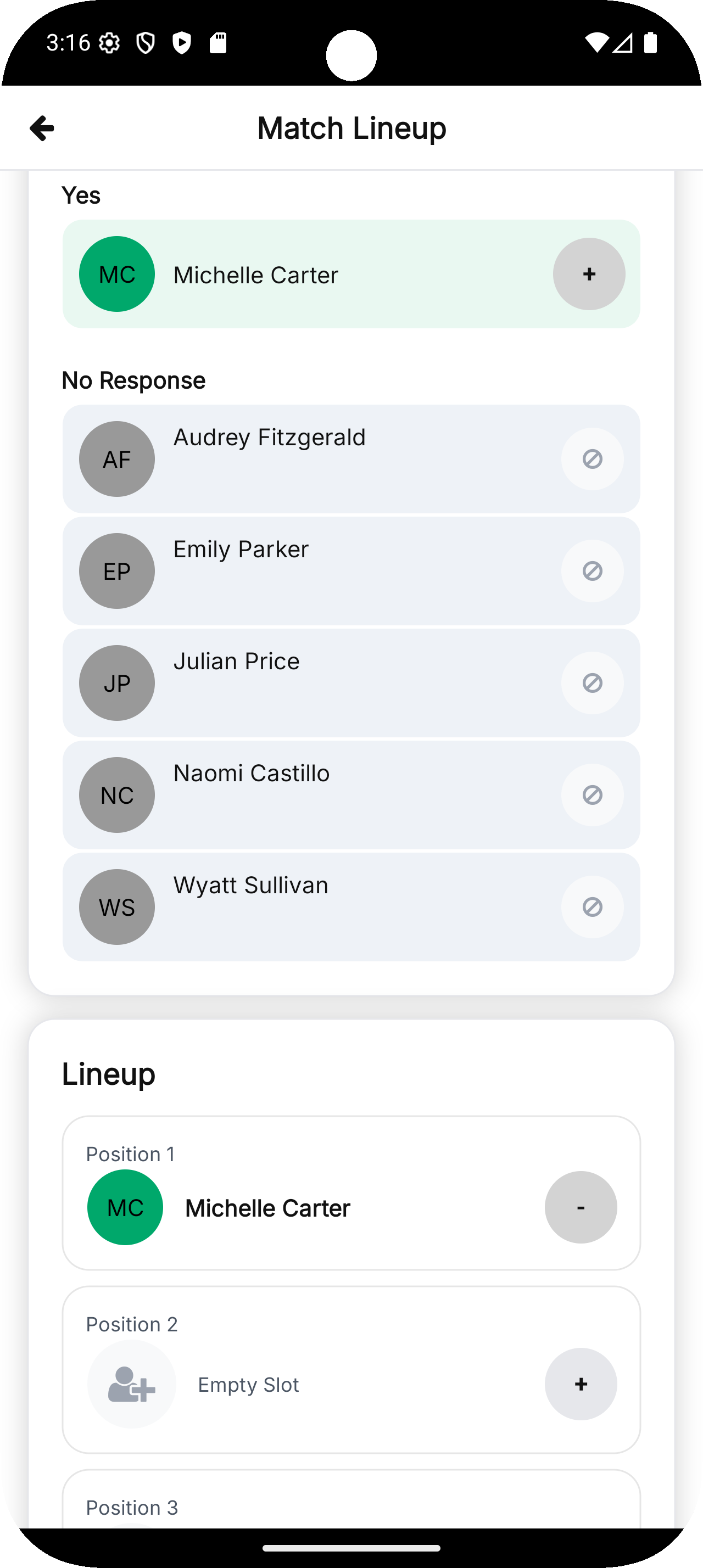 match details screen showing lineup, time, location for pickleball game, sports app interface