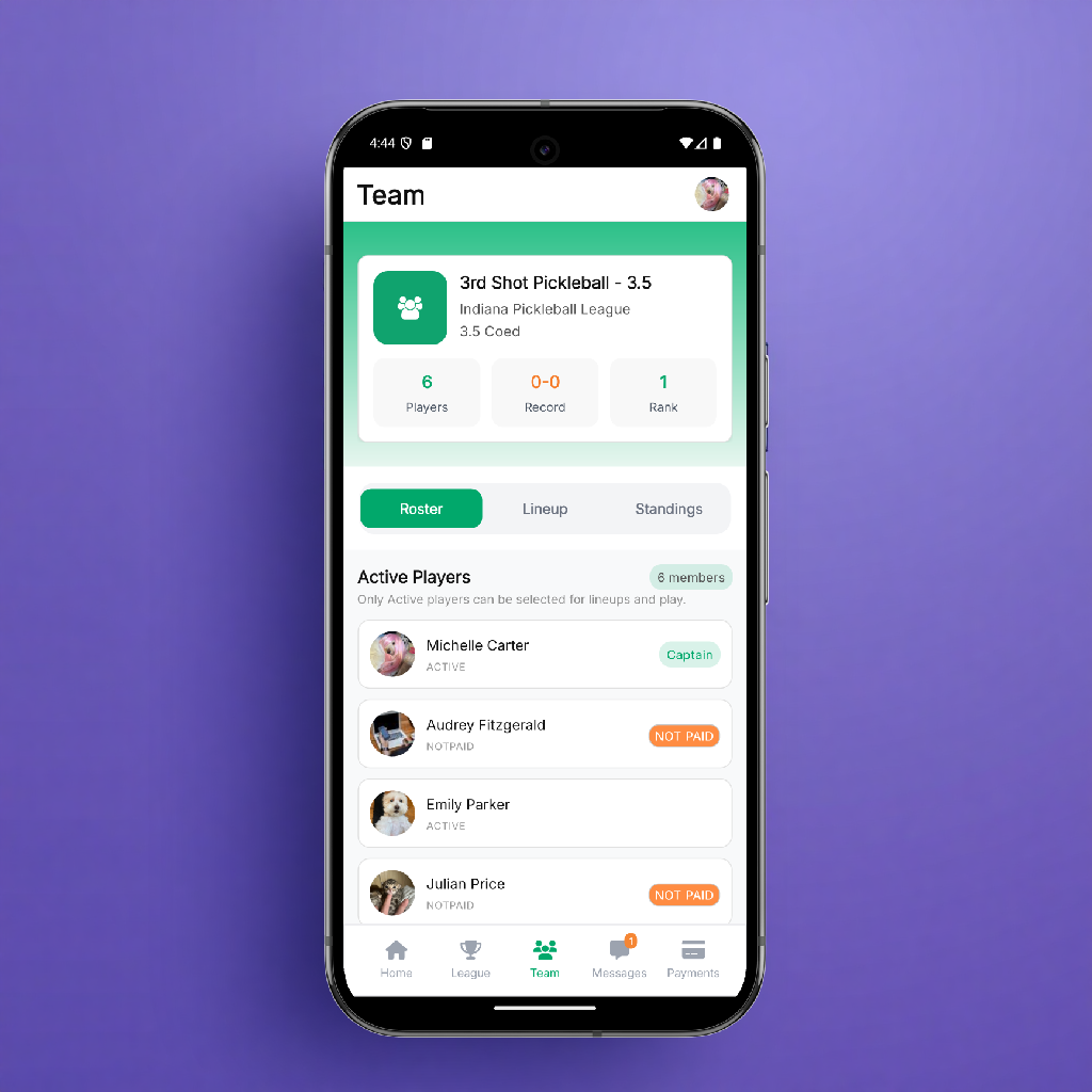 team roster screen in sports app showing player list with availability status, clean mobile UI