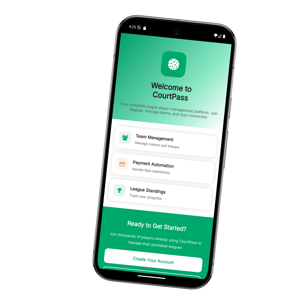 modern pickleball mobile app interface showing match schedule and team roster, clean UI design, green and orange accents